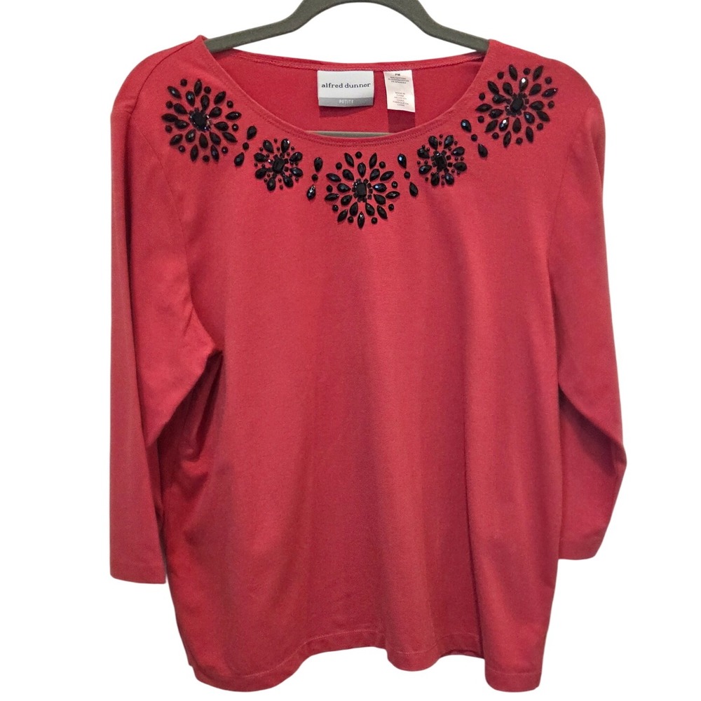 Alfred Dunner Petite Red Embellished Beaded 3/4 Sleeve Top Blouse PM